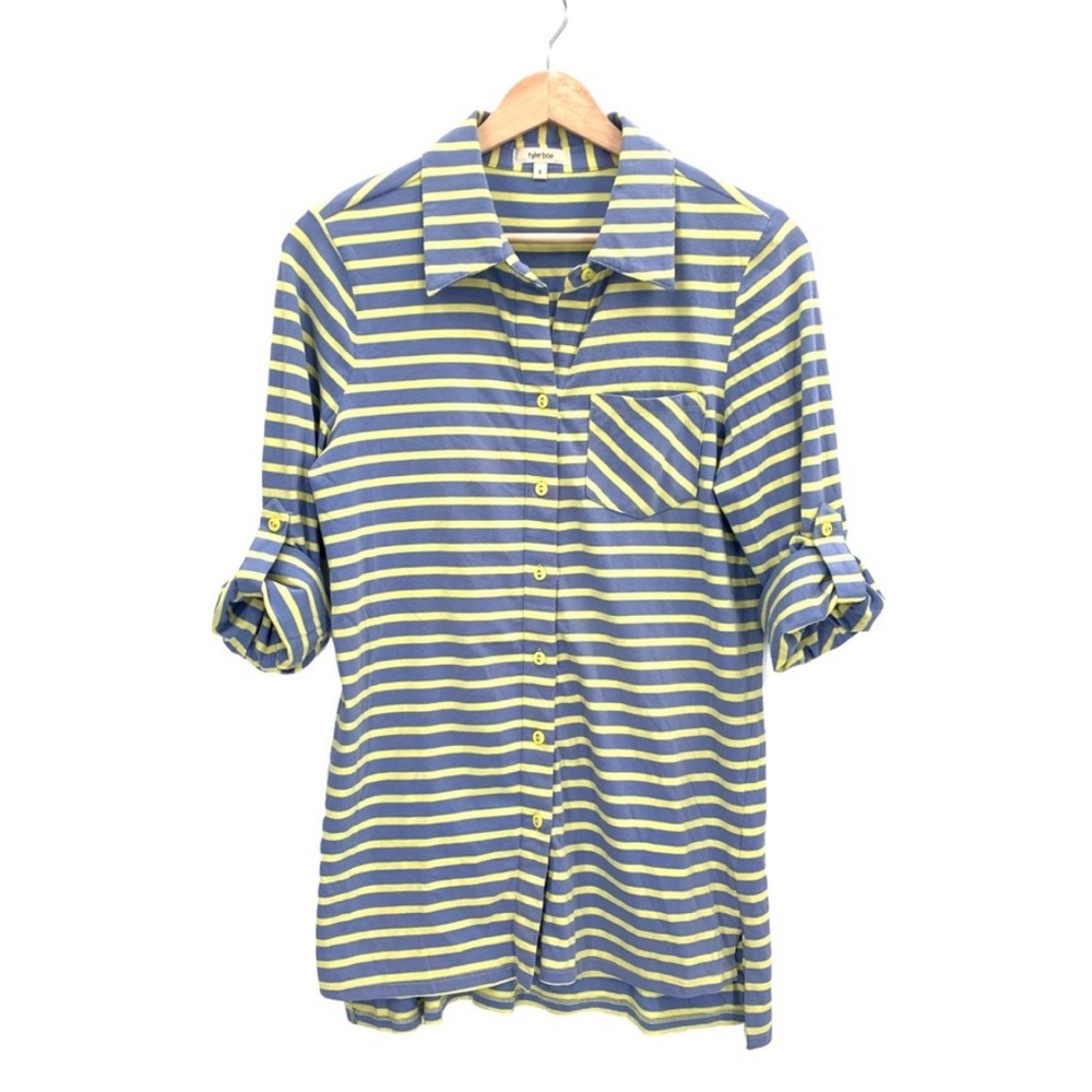 Tyler Boe Blue and Yellow Long Sleeve Striped Button Down Tunic Top Size Small